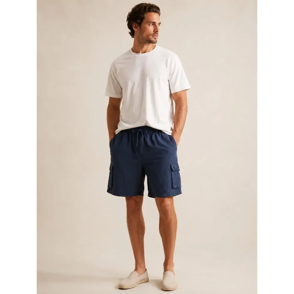 Onia Air Men's Linen Deep Navy Pull-On Drawstring Cargo Shorts  - Size L